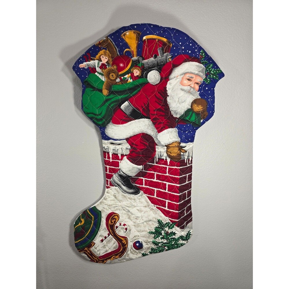 Jumbo Christmas Stocking Down The Chimney Santa Quilted Fabric Cranston 31 inch
